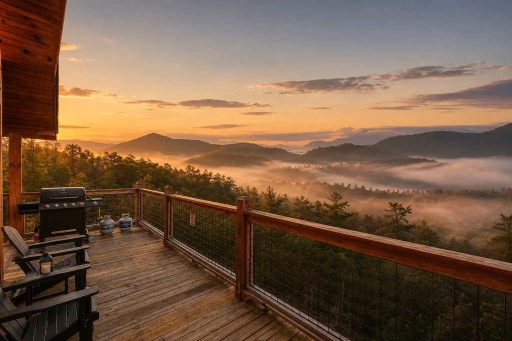 Side deck at Rylan's Mountain Retreat with rocking chairs and a grill overlooking misty Smoky Mountain ridges at sunrise