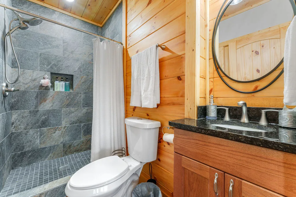 Full bathroom with a tiled walk-in shower and granite-topped vanity