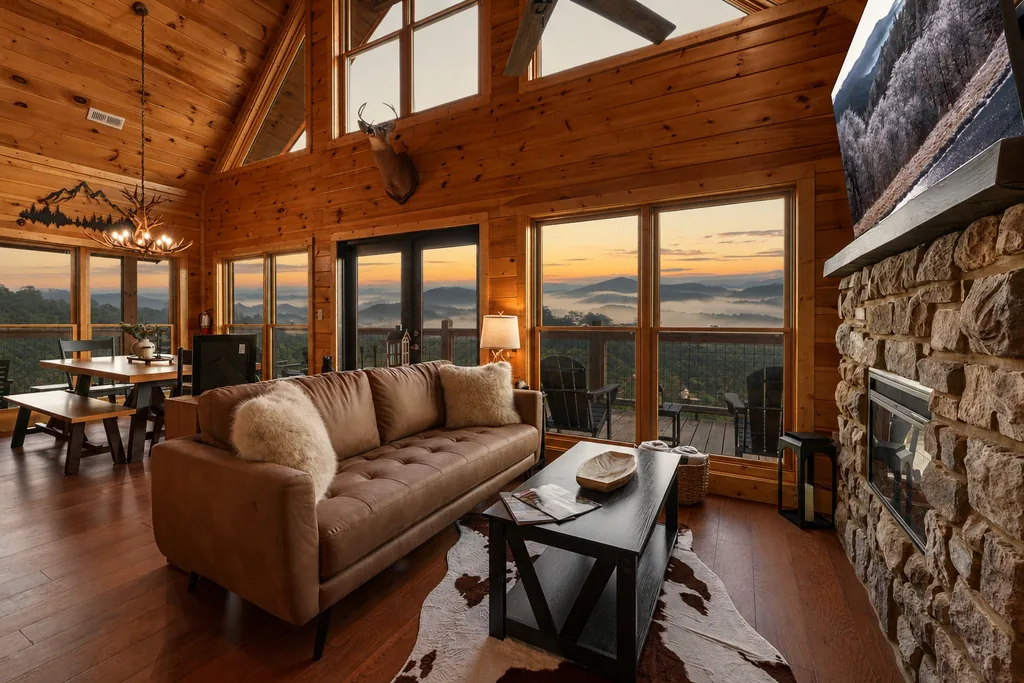 The living room at Rylan's Mountain Retreat with a stone fireplace lit and the Smoky Mountains visible through the windows